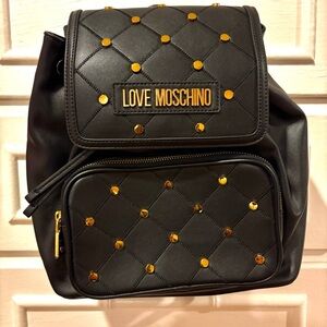 Love Moschino Quilted Black Backpack with Gold studs.